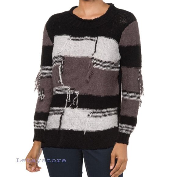 NWT AKIRA Dream Big Color Block Distressed detail Cotton Knit Sweater - Picture 1 of 5